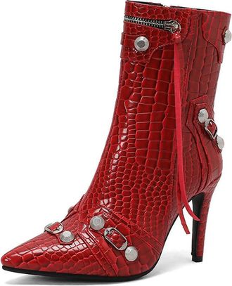 Generic Womens Pointed Toe Stiletto Heels Ankle Boots Rivets Zipper Fashion Winter Motorcycle Shoes (Red,7.5)