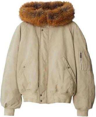 Burberry Natural Faux Fur Trim Cotton Bomber Jacket, Size Medium