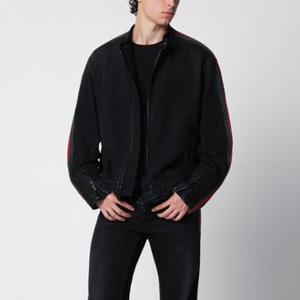 Gucci Giacca biker in denim di cotone con nastro Web nera