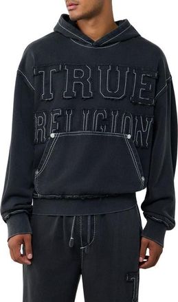 True Religion Big T Appliqu&eacute; Boxy Hoodie in Jet Black at Nordstrom, Size Xxx-Large