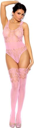 Elegant Moments Floral Lace Teddy with Strappy Back Detail and Matching Stockings - Candy Pink - Os