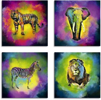 Artland Leinwandbild »Farbexplosion Elefant Löwe Zebra Tiger« Wildtiere 4 Stk. tlg. 4er Set, verschiedene Grössen