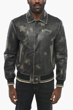Diesel Acid-Wash Effect Leather Jacket NEW-LAKER-LE With Snap Buttons Diesel