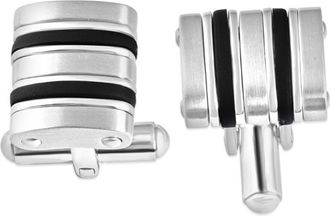 Pompeii3 Mens Polished Stainless Steel And Brushed Black Striped 12.5mm Cufflink