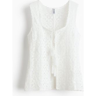 H&M Tie-front Pointelle-knit Top in Cream at Nordstrom, Size Xx-Small