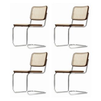 Thonet S 32 V Stuhl, Chrom / nussbaumfarben (TP 24) / Rohrgeflecht mit Kunststoffst&uuml;tzgewebe (4er-Set)