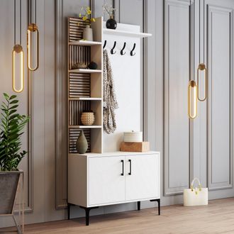 Dmora Mueble De Entrada Caccamo, Perchero, 10 Estantes, Puerta Batiente, 90x35x200h Cm Blanco