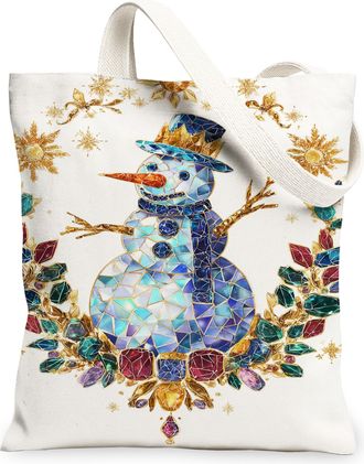 Generic Winter Snow Man Canvas Tote Bags, Colorful Mosaic Design Reusable Grocery Bags, Festive Holiday Lightweight Washable Should, White, 13x15 Inch