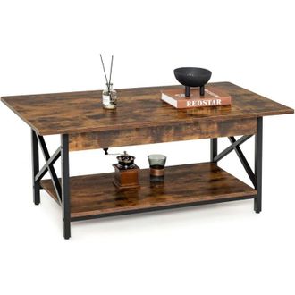 Costway Costway - Mesa De Caf&eacute; Industrial De 2 Niveles, Mesa De Centro Con Estante De Almacenamiento Y Marco De Metal En Forma De X, Mesa Rectangular Auxiliar
