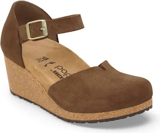 Birkenstock Womens Mary Suede Mary Jane Wedge Sandal In Dark Tea