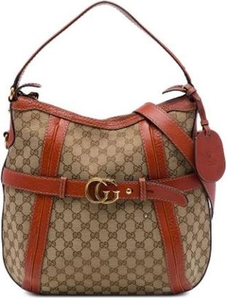 Gucci Pre-owned Canvas Satchel - Dames - Vintage Schoudertas - Beige - ONE Size - Leer - Vintage