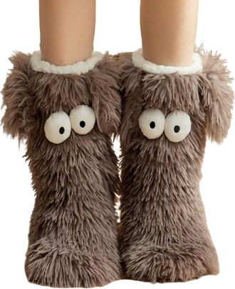 Generic Muffle Friends Cozy Socks, Womens Winter Warm Fuzzy Non-Slip Slipper Socks with Cute Big Eyes, Thick Fleece Home Floor Socks (Coffee)