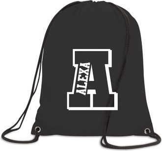Generic Personalised Initial Name Drawstring Bag Sport School PE Kit Boys Girls Gym Dance Swimming Unisex Bags (BLACK)