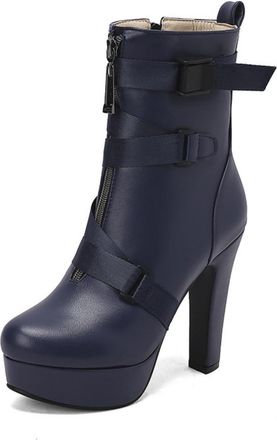 Generic Womens Round Toe Platform Short Boots PU Leather Ankle Boots with Side Zipper Block High Heel Party Prom Shoes,Blue,10.5 UK