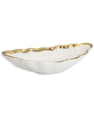 Alice Pazkus White Porcelain Leaf Shaped 16.75In Bowl With Gold Border