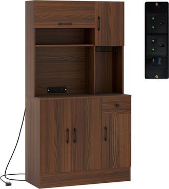 Costway Costway - 167cm Tall Pantry Cabinet Kitchen Storage Cabinet w/Power Outlets-Walnut