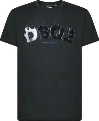 Dsquared2 Tops, Heren, Zwart, XS, Katoen, Vlam Logo Katoenen T-shirt