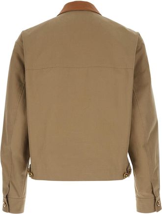 Versace Mens Jacket With Leather Collar, Beige Cotton Coat