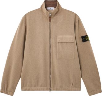 Stone Island Textured Brown Zip-Up Shirt with High Collar and Flap Pocket