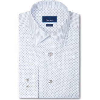 David Donahue Slim Fit Neat Print Stretch Cotton Twill Dress Shirt in White/pearl at Nordstrom, Size 16.5