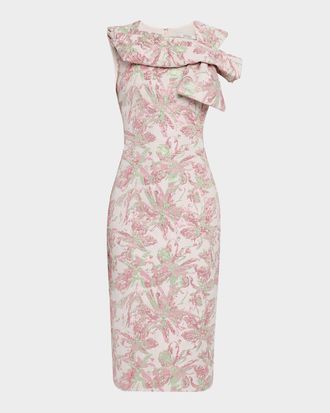 Badgley Mischka Bow-Front Metallic Jacquard Midi Sheath Dress