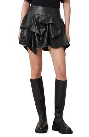 AllSaints Hitch Ruched Leather Miniskirt in Black at Nordstrom, Size 4 Us