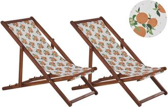 Beliani Set of 2 Folding Deck Chairs ANZIO with Replacement Fabrics Floral Motif Acacia Wood Dark Brown