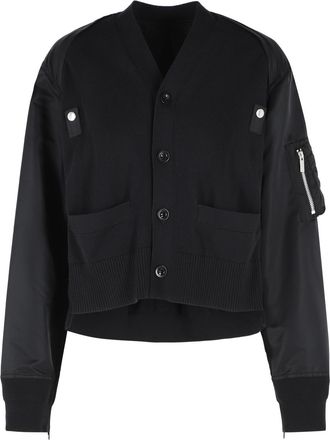 sacai Black Cotton Blend Cardigan with Ribbed Detailing and Functional Pockets