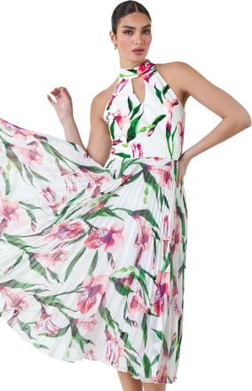 Roman Womens Floral Print Pleated Midi Dress - Pink - Size 14 UK