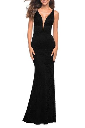 La Femme Chic Stretch Lace Gown with Deep V Neckline in Black at Nordstrom, Size 00