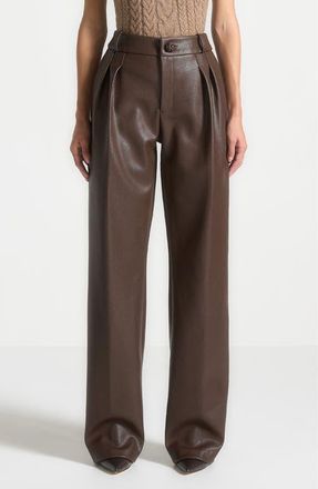 Mani&egrave;re De Voir Olivia Pebbled Leather Pleated Stacked Trousers in Brown at Nordstrom, Size 14
