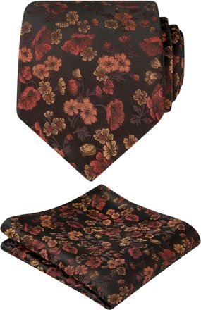 Alizeal Mens Flower Patterned Tie with Pocket Square Stylish Unique for Business Wedding Party Necktie Set, Black+Burgundy+Orange