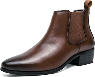 Generic Mens Block Heel Chelsea Ankle Boots Pull on Short Boots Pointed Toe PU Leather Formal Boot,Brown,7.5 UK