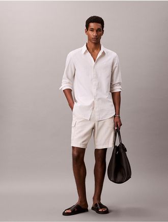 Calvin Klein Mens Linen Cotton Stripe Classic Button-Down Shirt - Open White - XL