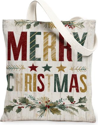 Generic Merry Holiday Canvas Tote Bags, Festive Leaf Pattern Reusable Bags, Winter Rustic Lightweight Washable Shoulder Strap, White, 13x15 Inch