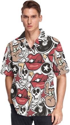 Alaza Hawaiian Shirts for Men Adult, Crazy Punk Rock Skull Pin Guitar Disk Stars Lips Mens Shirts Shortsleeve Summer Hawaiian Casual Shirts Beach Shirt, 3XL