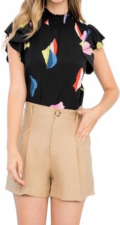 THML Clothing Flutter Sleeve Smocked Neck Top In Black