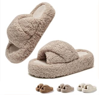 Generic Cozy Fuzzy Cross Band Slippers for Women Warm Winter Indoor House Shoes with Arch Support Non-Slip Platform Open Toe Orthopedic Slipper for Bedroom Ho