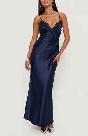 Princess Polly Madelene Lace Trim Satin Gown in Navy at Nordstrom, Size 10