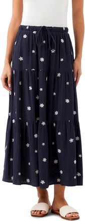 Karen Kane Floral Embroidered Tiered Cotton Midi Skirt in Navy at Nordstrom, Size X-Large