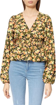 NA-KD Womens Smocked Waist Blouse, Orange Flower, 14 UK