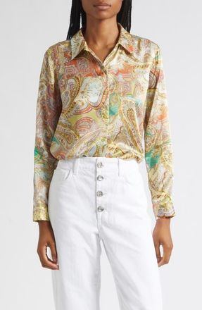 L'agence Tyler Paisley Silk Button-Up Top in Green Multi Cluster Paisley at Nordstrom, Size Xx-Small