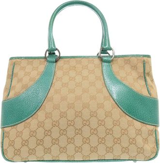 Gucci Beige Green Gg Canvas Leather Handbag Tote Bag (Pre-Owned)