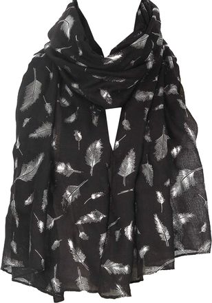 World of Shawls New Ladies Womens Glitter Foil Sparkle Print Scarf Scarves (Feather Black)