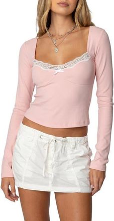 Edikted Morgyn Lace Trim Rib Crop Top in Light-Pink at Nordstrom, Size X-Small