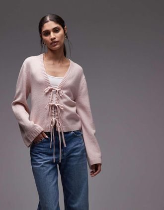 Arket Cardigan in pura lana rosa chiaro con scollo a V e allacciatura frontale-Arancione