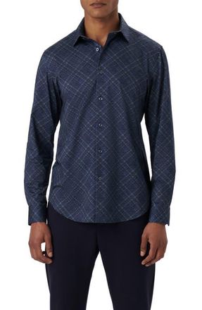 Bugatchi James OoohCotton Diagonal Plaid Print Button-Up Shirt in Navy at Nordstrom, Size Small