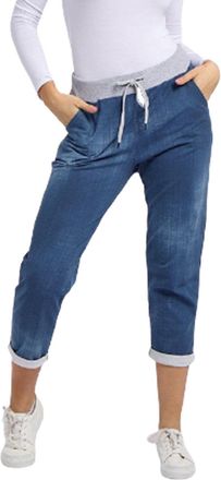 Crazy Girls c2pwear Womens Floral Rose Printed Dark Blue Denim Pants Turn Up Italian Trousers Ladies Ribbed Waistband Drawstring Pants Dark Blue Denim UK 18