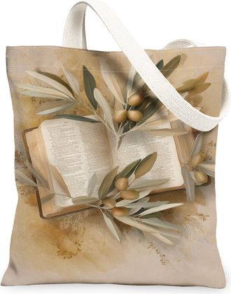 Generic Vintage Artistic Canvas Tote Bags, Olive Branch Book Design Reusable Grocery Bags, Lightweight Washable Shoulder Strap Canv, Beige, 13x15 Inch
