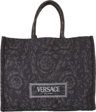 Versace Embroidered Logo Canvas Tote Bag